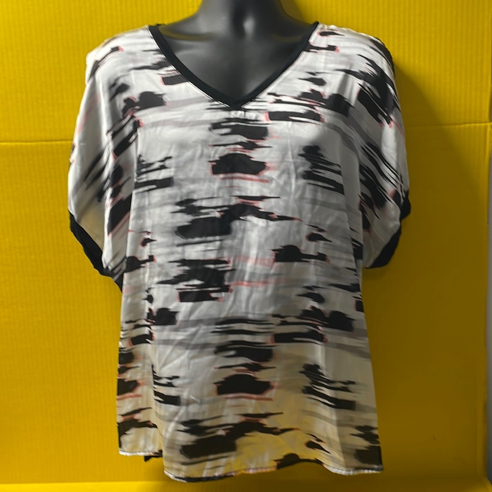 Rebel pink black and white shirt sleeve “cold shoulder” short sleeve blouse